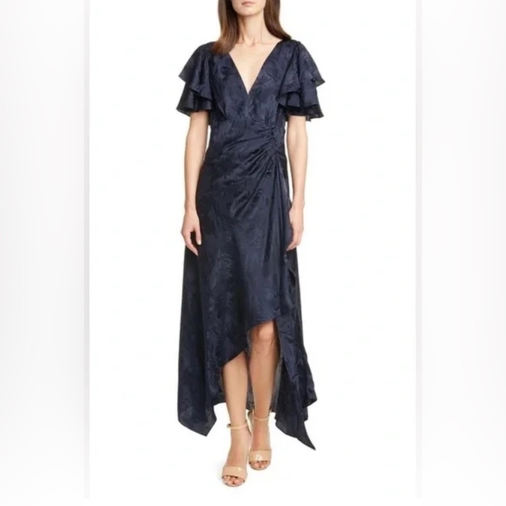 Tanya Taylor Midnight Asymmetrical Dress with Ruffles